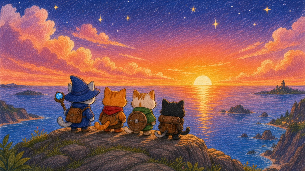 Quatre chatons aventuriers regardant le soleil se coucher sur la mer